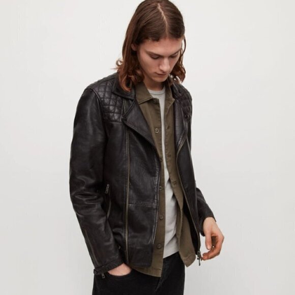 ALLSAINTS Men's/Unisex Conroy Crinkled Leather Biker Moto Jacket Black Olive XS - Picture 16 of 16